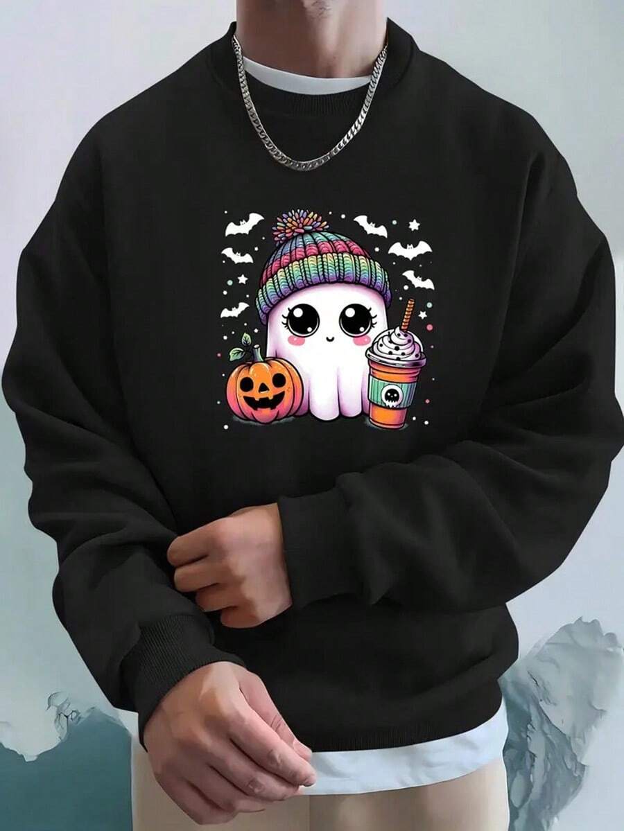Men's Halloween Print Crew Neck Sweatshirt - Casual Long Sleeve Pullover, Polyester Blend, Machine Washable,Fall Hoodies,Men's Fall Clothes,Street Wear,Halloween,Mens Hoodies,Y2k Clothes,Jesus Hoodie,Thanksgiving Day,Nightmare Before Christmas,Christmas - Black - View 1