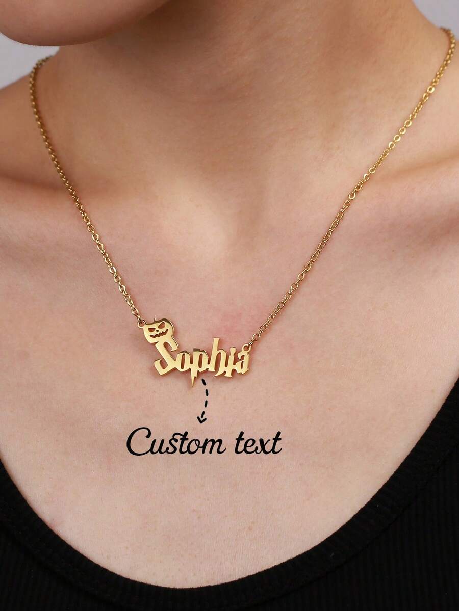 Colar Personalizado com Pingente de Abóbora, Colar com Pingente de Letra Personalizado em Aço Inoxidável, Joia de Moda Minimalista, Presente de Halloween, Natal, Aniversário