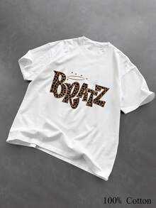 1PC 100% Cotton  Leopard Print Graphic Oversized Comfy Casual Short Sleeve TShirt for Women - Blanco - Ver 1