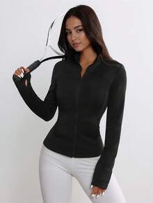 Women's Autumn/Winter Sports Jacket, Solid Color Front Zipper Sports Jacket, Long Sleeve Casual Lightweight Jacket, Women's Casual Sports Lightweight Cardigan Jacket Black Spring - Black - View 7