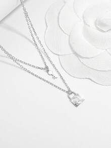 1pc Elegant & Fashionable 925 Silver Cubic Zirconia Double-Layer Key Lock Design Pendant Necklace For Women, Suitable For Dating, Party, Daily Wear, Wedding, Showcasing Charm, Gift