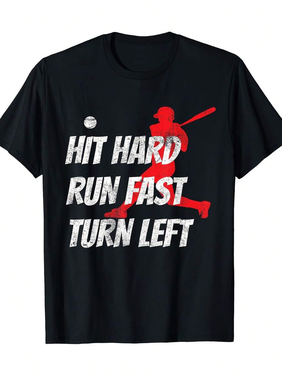 Camiseta de regalo de béisbol Hit Hard Run Fast Turn Left - 220g - Negro - Ver 1