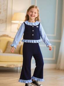 2pcs/Set Young Girl Casual Sweet Princess Everyday Outfit, Pearl Bow Blouse And Flare Pants Set, Autumn/Winter