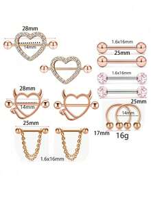 12 件装 14G 乳头环 女士医用钢乳头穿孔 CZ 心形蝴蝶杠铃乳头环套装 可爱乳头穿孔首饰情人节