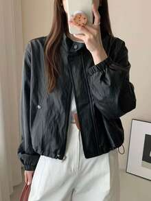 女士纯色前拉链休闲度假仿皮夹克 - 黑色 - 查看 3