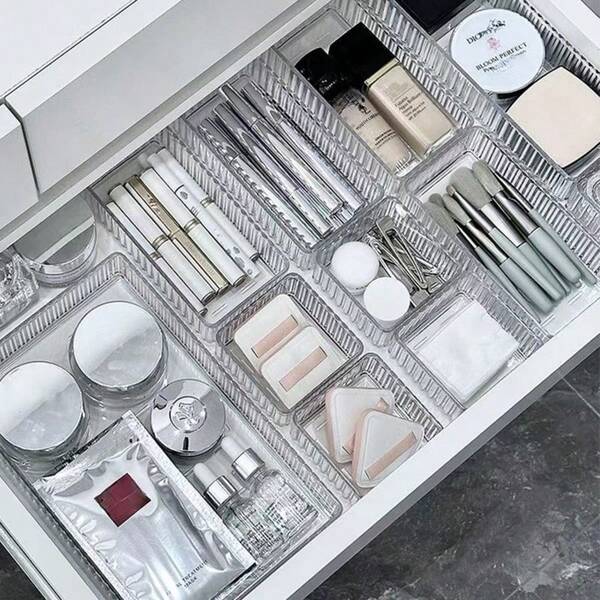 Clear Drawer Organizers Bins, 4-Size Stackable Makeup And Vanity Drawer Organizer Trays, Acrylic Bathroom Drawer Storage Containers For Cosmetic, Office Supply,Jewelries, Kitchen Utensils Gadgets