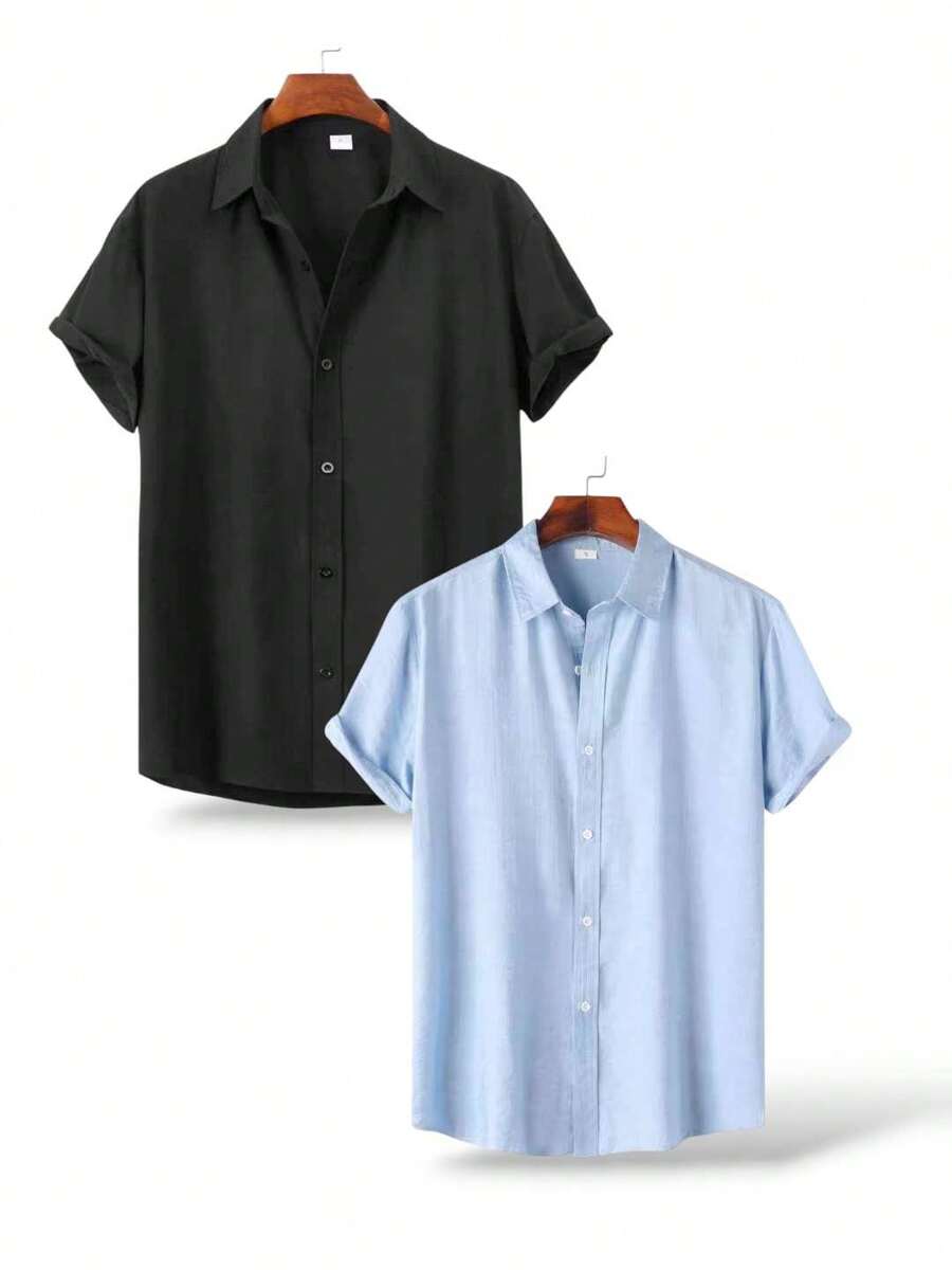 JL KIT 2 Short Sleeve Summer Viscose Shirt, Breathable And Skin-Friendly, Suitable For Business Casual Or Relaxing Moments - 黑色-淺藍色 - 查看 1