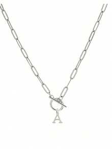 1 Piece Of Punk-Style Silver Stainless Steel Clasp Letter Pendant Necklace, With A Paper Clip Chain Design. Suitable For Both Men And Women To Wear.
