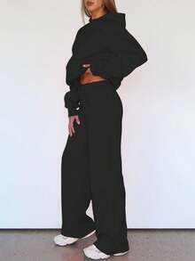 秋冬休闲纯色卫衣两件套，带帽口袋上衣搭配松紧腰抽绳直筒裤，两件套。黑色套装 - 黑色 - 查看 10