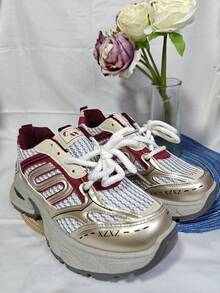 Women's Thick Sole Chunky Sneakers, New Vintage Breathable Fashion Casual Platform Shoes - Burgundy - View 1