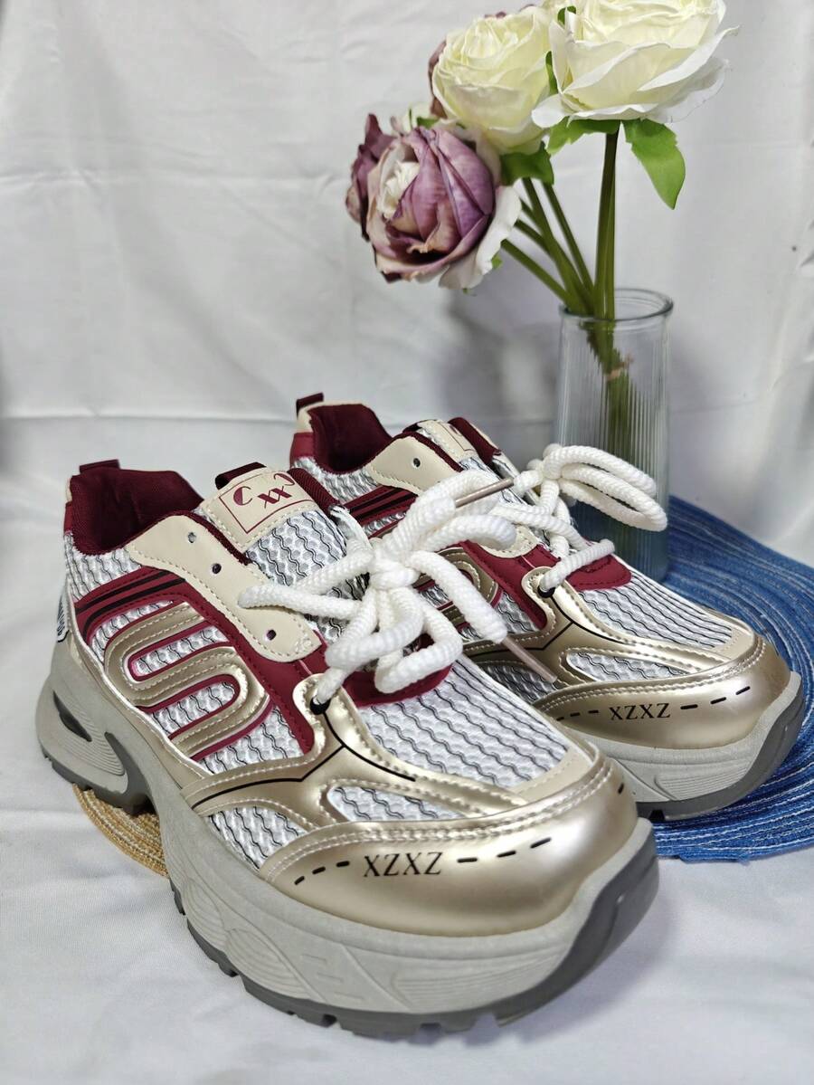 Women's Thick Sole Chunky Sneakers, New Vintage Breathable Fashion Casual Platform Shoes - Burgundy - View 1
