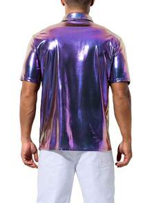 Mens Sequin Top 70s Outfit Disco Rave Party Collared T-Shirt Short Sleeve Breathable Metallic Shirthalloween - 紫色 - 查看 11