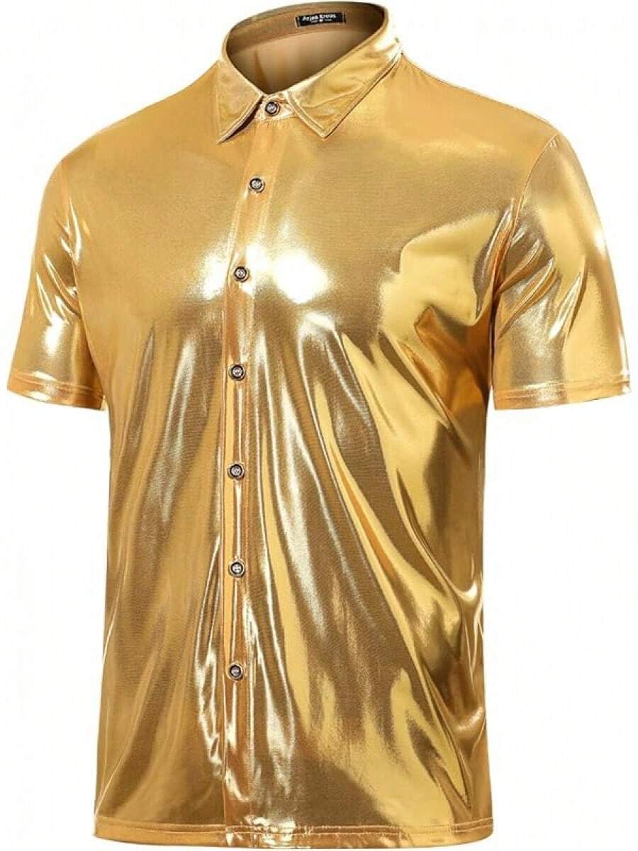 Mens Sequin Top 70s Outfit Disco Rave Party Collared T-Shirt Short Sleeve Breathable Metallic Shirthalloween - 金色 - 查看 1