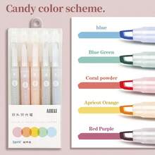 5pcs Double-Headed Dual-Color Highlighter Pens, Suitable For Daily Highlighting, Drawing, Marking, Student Supplies, Planner Pens - Slanted Tip, Non-Bleed, Plastic Material, Applicable For Office, School, Gifts, Back To School, Christmas