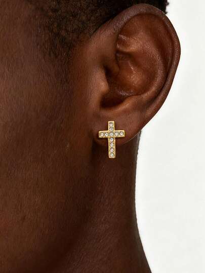 Brincos de ouro 18K banhados a ouro, 1 par, luxuosos, modernos, com zircônia cúbica, cruz dourada, para homens, joias de aço inoxidável descoladas para decoração diária