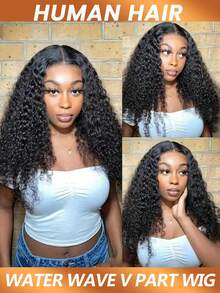 V 型假发，水波纹，人发，机器制造，湿发波浪形，V 型假发，适合女士，自然色，密度 180%