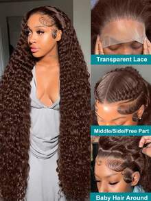 CEXXY 13x6 Chocolate Brown Wig With Deep Waves And A Net Front, Burgundy Wig With Deep Waves And A Net Front, Human Hair Wig For Women, Brazilian Human Hair Wig With Deep Curls, 13x6 HD Wig With A Transparent Net Front, Pre-Bleached Wig With A Baby Bun, Glue-Free Net Wig, Natural Hairline, Wig With A Center Or Side Part, Dyeable Human Hair Wig, 180% High-Density Wig With Long Curls, Dyeable And Restyleable. Chocolate Brown And Burgundy Women's Wigs. Brazilian Wig With Deep Waves And A Net Front. Human Hair. 13x6 HD Net Wig. For Everyday Wear, The Office, Parties, And Weddings. - S4 - Xem 7