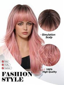 24 Inch Long Wavy Wigs With Bangs Dark Roots Brown Wigs For Women Brown Ombre Hair With Blonde Wigs,Heat-Resistant Synthetic Wigs For Daily Party Cosplay Wigs - Pink Ombre - View 8