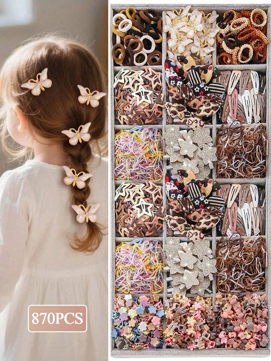 Bộ phụ kiện tóc cơ bản màu trơn dành cho bé gái và thiếu niên, 870 món, bao gồm dây buộc tóc, kẹp tóc, ghim cài tóc, kẹp tóc cài đầu, thích hợp sử dụng hàng ngày và làm quà tặng. - Nhiều màu - Xem 1
