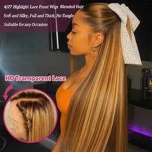 13x4 4/27 蜂蜜金挑染高清蕾丝前假发 28 英寸真人前额发丝，染色自然直发蕾丝前额假发，预先拔毛，带婴儿发，200% 密度耐热纤维混纺假发，女士款 - S4/27 - 查看 9
