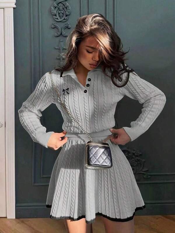 Women's Butterfly Embroidered Long Sleeve Polo Neck Sweater And Knitted Midi Skirt 2 Pieces Set, Streetwear, Teacher Outfits, Winter, Thanksgiving, Fall Women Clothes, Back To School Clothes, Party Outfit