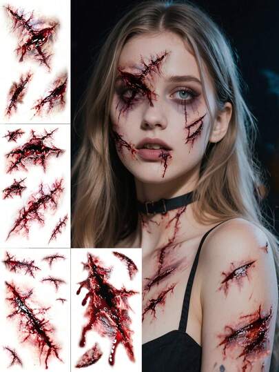 4pcs Red Ultra Realistic Fake Wound Scar Temporary Tattoos - Halloween Christmas Festive Party Props, Scary Costume Makeup, Waterproof Sweat-Proof, Easy To Apply & Remove, Unisex For Adults Teens On Various Body Parts