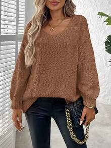 Plus Size Solid Color Crew Neck Casual Long Sleeve Knit Sweater - Brown - View 5