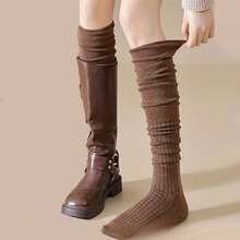 4 双女式及膝袜 - 高弹力薄款长筒纯色涤纶长袜，四季可机洗，适合户外休闲装，多种袜子款式，高弹力材质