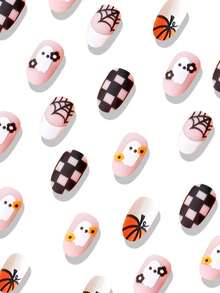 24 Peças Unhas Postiças Amendoada de Halloween, Unhas Pretas Xadrez Teia de Aranha Abóbora Fantasma, Unhas Falsas Adequadas para Uso Diário, Suprimentos de Unhas Postiças