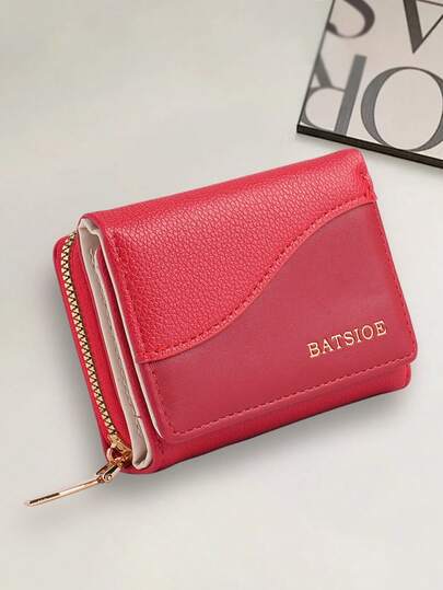 Cartera elegante y de moda para mujer con bloque de color, interior de microfibra, tarjetero trifold, monedero con cremallera. Cartera de dinero, cartera mini, cartera pequeña, cartera linda para mujer