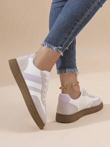 Plus Size Women's Candy Color Fashion Casual Lace-Up Flat Sneakers, Versatile For School And Sports