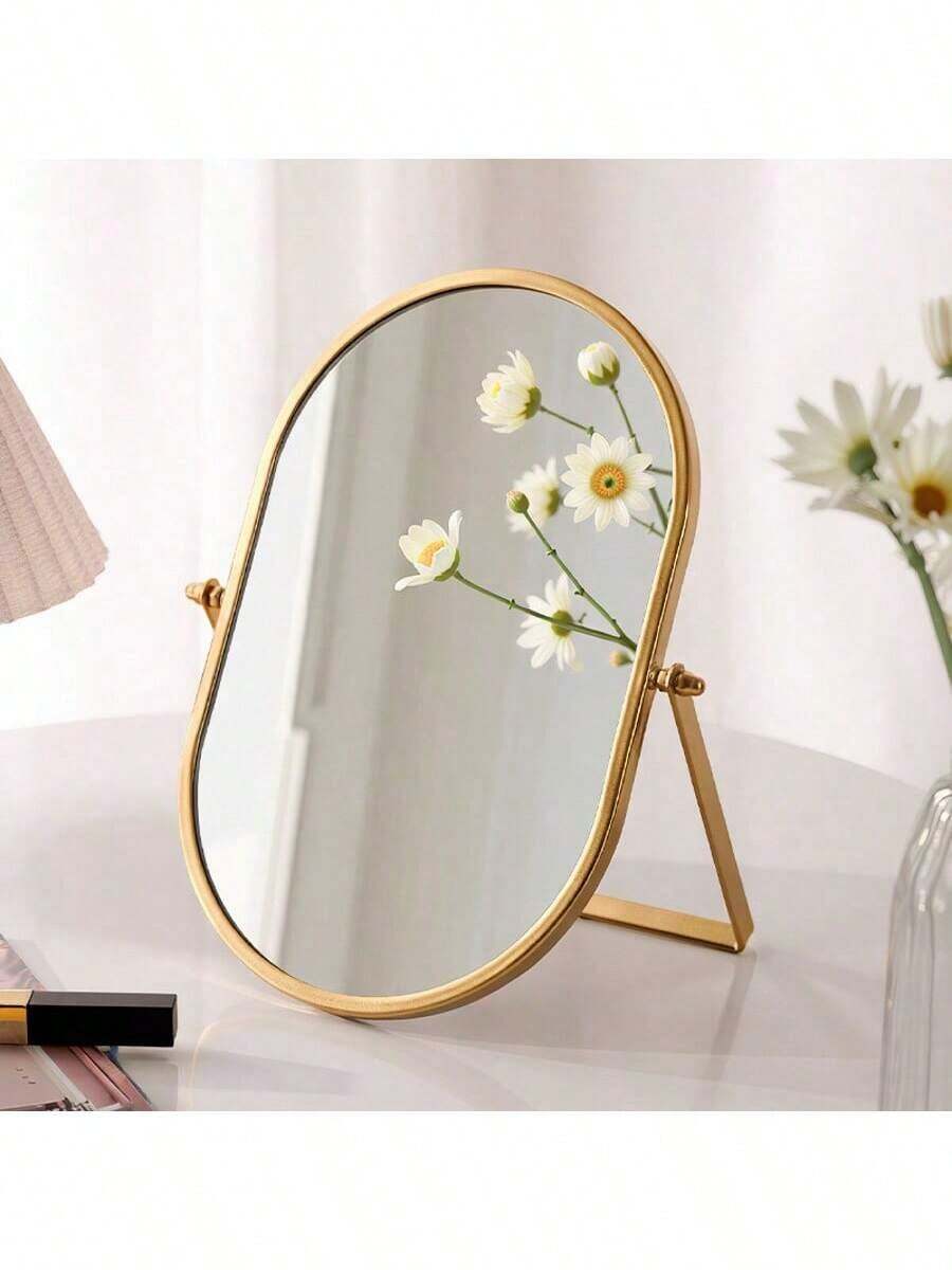 1 Piece Light Luxury Desktop Makeup Mirror, Oval 360° Rotatable Vanity Mirror With Gold Metal Base & High-Quality Glass, For Countertop, Bedroom Decor, Bridal Makeup, Content Creators, Luxury Hotels - Ideal Gift For Valentine's Day, Housewarming, Anniversaries & Weddings