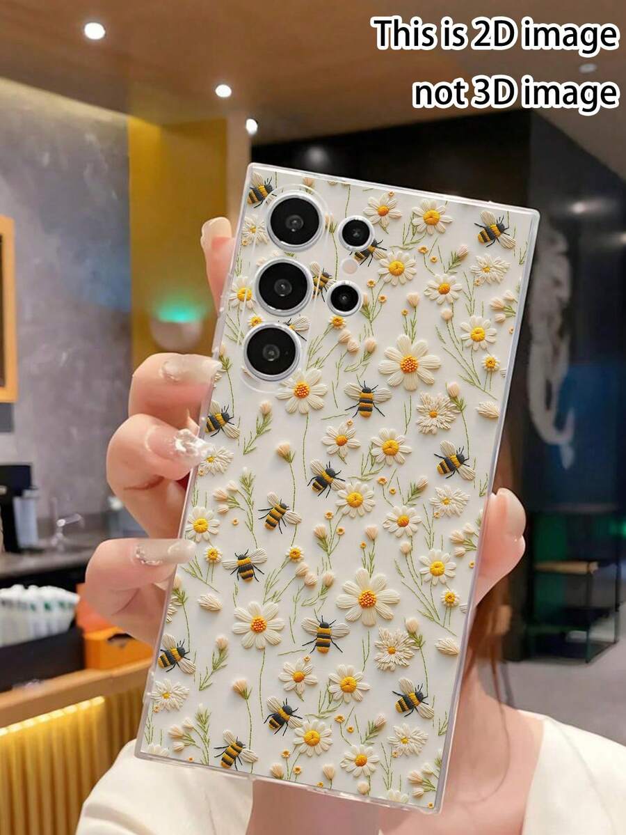 1 pieza Funda de teléfono suave y transparente con flor de margarita y abeja, compatible con Samsung Galaxy A04e/12/A13/A14/A34/A50/A52/A53/A54/S21/S22/S23/S24/S25/S25 Ultra, resistente al agua, a los golpes y a los arañazos - transparente - Ver 1