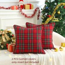 2pcs (Pillow Cover Only) Christmas Scottish Farmhouse Style Throw Pillow Covers, Holiday Home Decor Cushion Covers, Party Decorative Pillow Shams, Ruffle Tassel Plaid Sofa Decorative Pillow Covers, Red Black Green Checkered