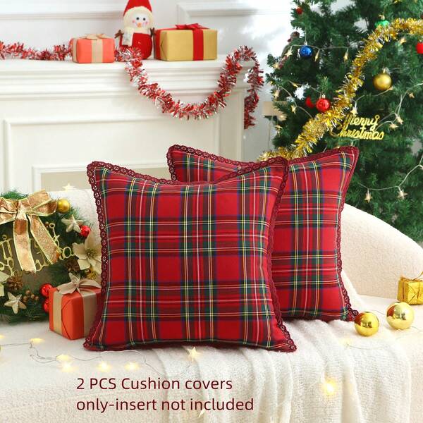 2pcs (Pillow Cover Only) Christmas Scottish Farmhouse Style Throw Pillow Covers, Holiday Home Decor Cushion Covers, Party Decorative Pillow Shams, Ruffle Tassel Plaid Sofa Decorative Pillow Covers, Red Black Green Checkered