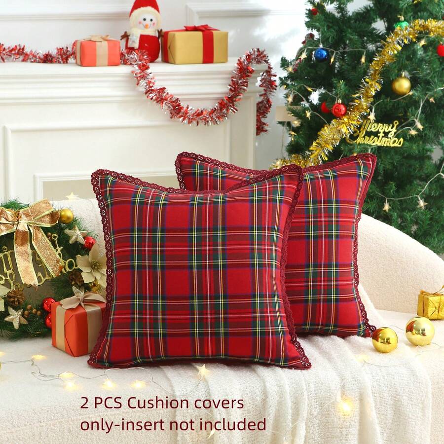 2pcs (Pillow Cover Only) Christmas Scottish Farmhouse Style Throw Pillow Covers, Holiday Home Decor Cushion Covers, Party Decorative Pillow Shams, Ruffle Tassel Plaid Sofa Decorative Pillow Covers, Red Black Green Checkered