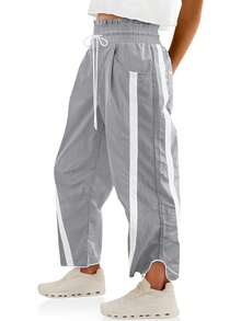 Women's Y2K Everyday Casual Pants Active Workout Contrast Color Drawstring Elastic Waist Loose Wide-Leg Athletic Trousers - 灰色 - 查看 1