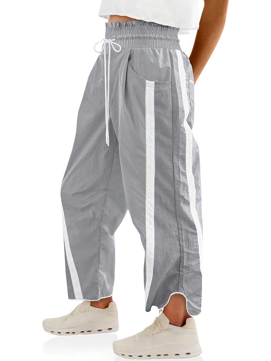 Women's Y2K Everyday Casual Pants Active Workout Contrast Color Drawstring Elastic Waist Loose Wide-Leg Athletic Trousers - 灰色 - 查看 1