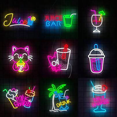 Letrero de neón de jugo, luz de neón de batidos de leche para decoración de pared, letrero LED de bebida, letreros de neón con conectividad USB para bar de jugos, bar, decoración del hogar, dormitorio, cueva de hombre, tienda de postres, restaurante, regalo de fiesta de cumpleaños, fácil de instalar.