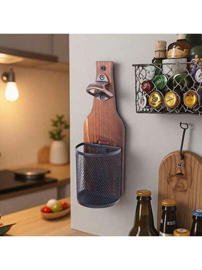 Bottle Openers With Netting Catcher, Wall Mounted Wooden Beer Bottle Opener With Traceless Corkscrew – Essential Beer Accessory For Home Bar, Kitchen, Garden, And Outdoor Settings. Perfect Gift For Beer Enthusiasts.​