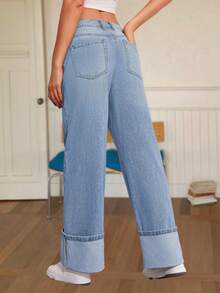 Womens Baggy Jeans Boyfriend Wide Leg Denim Pants Mid Rise Casual Cuffed Hem Jeans With Pockets Fall Outdoor Sweatpants Camping Outfit - 淺藍色 - 查看 3