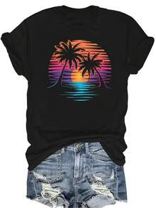 [Camiseta de Moda Casual] Camiseta de Mujer Suave y Cómoda - Parte Superior de Manga Corta de Cuello Redondo Casual con Estampado de Palmeras y Puesta de Sol Tropical, Regalo Perfecto para Abuela y Mamá, Uso Casual de Primavera y Verano - Negro - Ver 1