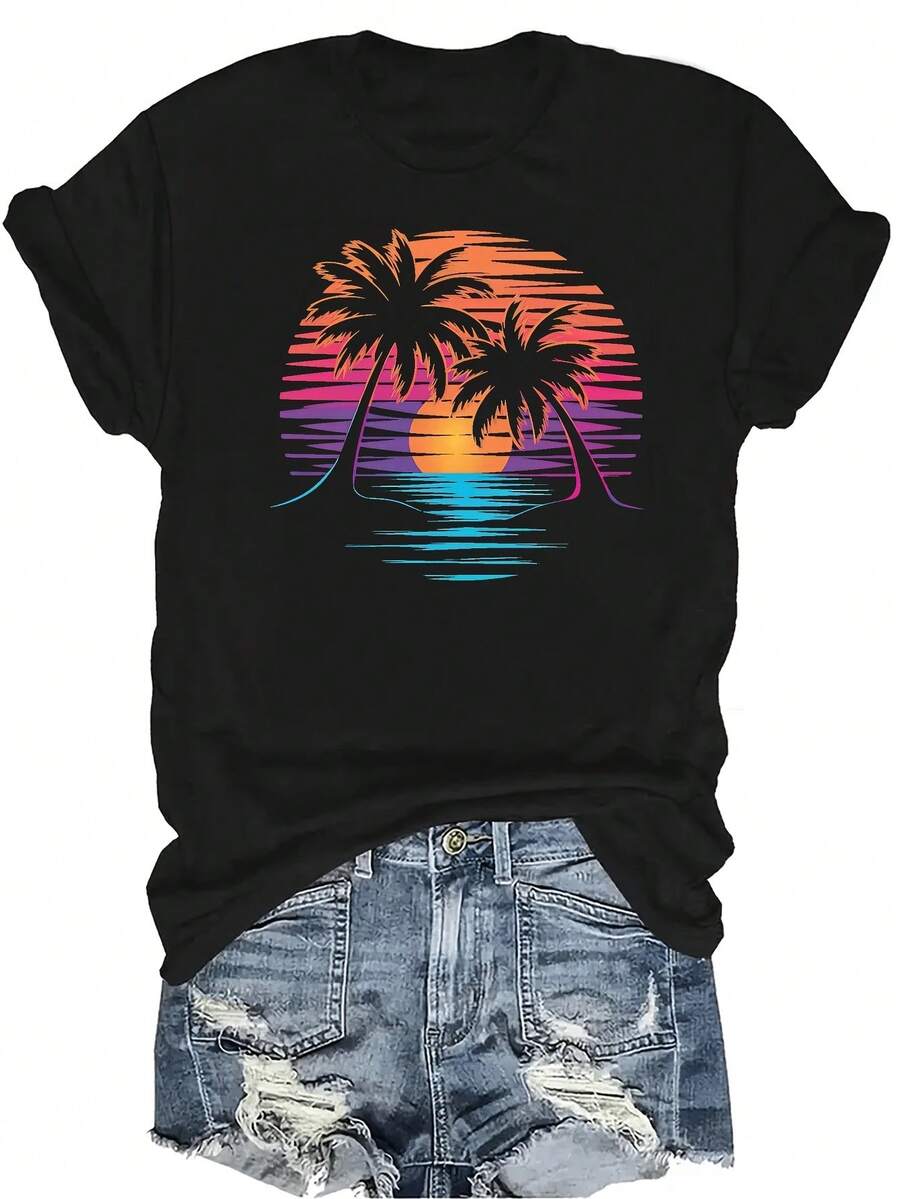 [Camiseta de Moda Casual] Camiseta de Mujer Suave y Cómoda - Parte Superior de Manga Corta de Cuello Redondo Casual con Estampado de Palmeras y Puesta de Sol Tropical, Regalo Perfecto para Abuela y Mamá, Uso Casual de Primavera y Verano - Negro - Ver 1