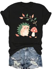 [Camiseta de moda casual] Camiseta suave y cómoda para mujer - Erizo de otoño, seta, manga corta, cuello redondo, casual, regalo perfecto para la abuela y la mamá, uso casual de primavera y verano - Negro - Ver 1