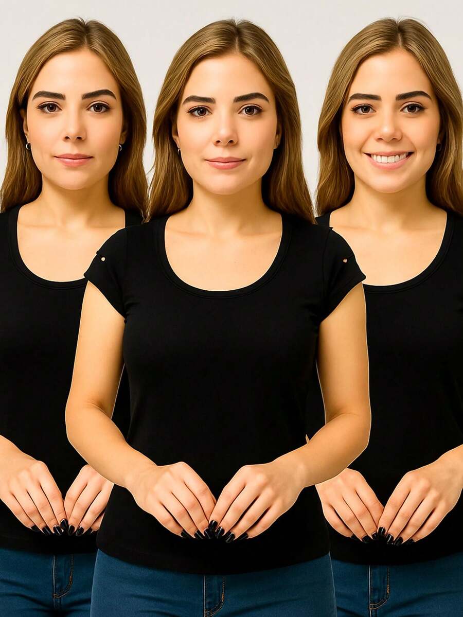 Kit Of 3 Women's Blouses With Short Sleeve Detail - Đen / Đen / Đen - Xem 1