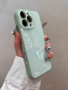 夏季纯色马卡龙玻璃裸机纹理直边带镜头膜手机壳适用于 16 ProMax、13 New 14 Pro、16、Simplistic 15 ProMax、11/12全覆盖保护 - 綠色 - 查看 3