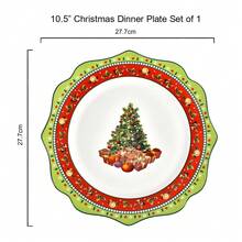 1 Pc Christmas Tree Scalloped Dinner Plate, Christmas Gatherings 10.5" Ceramic Dinner Plate, Or 8.5" Christmas Soup Plate, Set Of 1, Christmas Dinner Plate Soup Shallow Bowl, Holiday Designs, Multicolor, Large, Festive Holiday New Bone Porcelaine Plate With Christmas Tree & Green & Red Borders, Microwave, Dishwasher, Freezer, Oven - Collectible Holiday Tableware