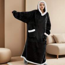 Plus Size Casual Lounge Robe, Women's Plus Flannel Long Sleeve Winter Oversized Hooded Wearable Fleece Blanket With Pockets - Black - View 6