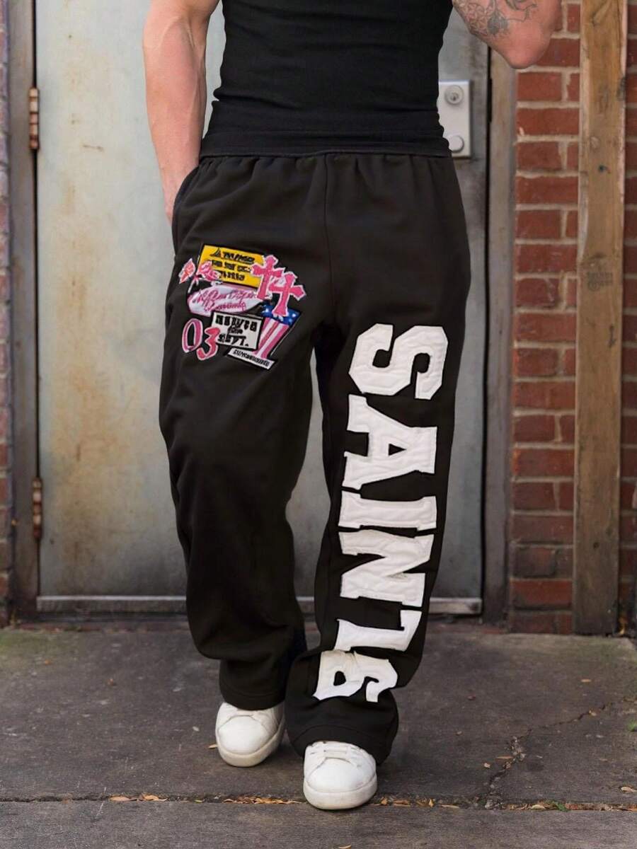 Men's Fashion Brand Navy Blue Contrasting Letter Print Sweatpants Plush Hip-Hop Sports Long Pants Elastic Waist Straight Tube With Saints Graphic - 黑色 - 查看 1