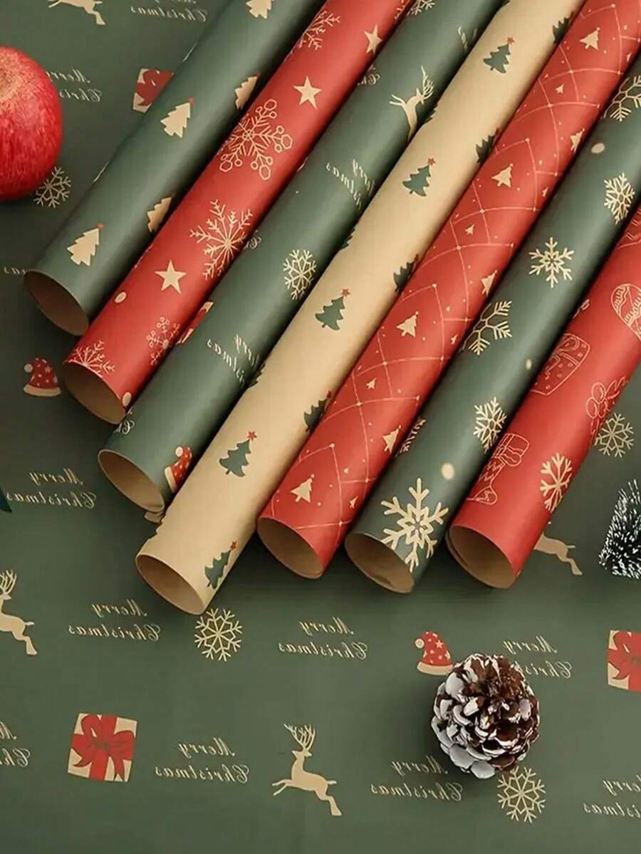 7 rollos de papel de regalo de Navidad de estilo vintage con patrones clásicos de árboles, adecuado para la decoración navideña